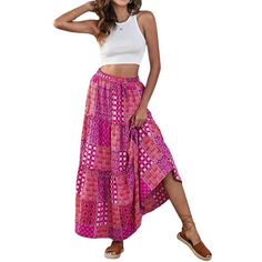 Purple Bohemia Print Tie Waist Maxi Skirt Summer Pink Relaxed Maxi Skirt, Pink Wide-leg Beach Skirt, Summer Pink Relaxed Fit Maxi Skirt, Bohemian Pink Maxi Skirt With Elastic Waistband, Casual Pink Wrap Skirt For Beach, Casual Pink Wrap Skirt For The Beach, Long Summer Skirt In Pink, Bohemian Pink Midi Skirt, Pink Maxi Skirt With Elastic Waistband For Summer