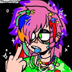 an anime character with pink hair and green shirt pointing to her left hand while wearing eyeglasses