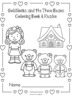 a coloring page with three bears and a girl in front of the bear's house