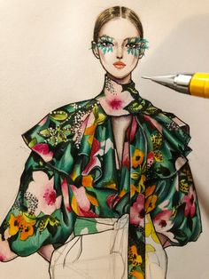 a drawing of a woman with flowers on her shirt