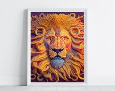 an art print of a lion's head on a wall in a white room