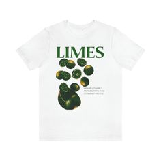 "Limes! HIGH IN VITAMIN C AND OTHER NUtRIENTS  (the \"t\" is faded in the design of nutrients word print!) This classic unisex jersey short sleeve tee fits like a well-loved favorite.These t-shirts have-ribbed knit collars to bolster shaping. The shoulders have taping for better fit over time. Dual side seams hold the garment's shape for longer.  .: 100% Airlume combed and ringspun cotton (fiber content may vary for different colors) .: Light fabric (4.2 oz/yd² (142 g/m .: Retail fit .: Tear away label .: Runs true to size #limes #vintage #retro #trendy #green #white #black #garden" Black Garden, T Shirt Png, Words Prints, Green Tshirt, Better Love, Vintage Tees, Vintage Prints, Jersey Shorts, Vitamin C