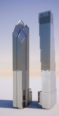 two tall skyscrapers are shown in the middle of an empty area with no people around them