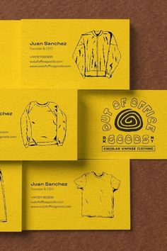 three business cards designed to look like clothes on yellow paper with black and white ink