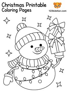 a christmas printable coloring page with a snowman holding a present in his hand