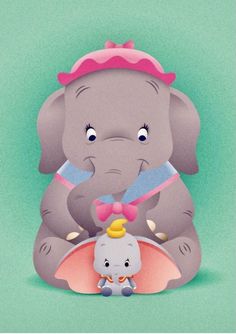 an elephant and its baby standing next to each other on a green background with pink trimmings