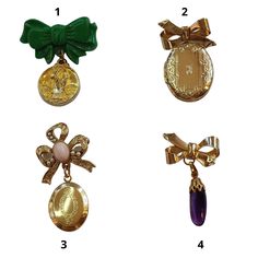 Cutest little bow brooches.  All are gold tone metal. All pin backs in working order. #1 ~ Early plastic bow with Saint Patrick medallion #2 ~ Goldtone bow brooch w/working Locket #3 ~ Goldtone bow brooch with pink cabochon and faux pearls w/working Locket #4 ~ Bow brooch with genuine amethyst nugget drop DiBA Jewelry ~ Whimsical Jewelry To Add To Your Collection Enter My Shop Here  *  *  . . . . . dibajewelry.etsy.com . . . . .  *  *  Please read the policies section for complete information ab Pearl Locket, Whimsical Jewelry, Bow Brooch, Saint Patrick, Pin Backs, Gold Tone Metal, Wood Beads, Amazing Jewelry, Locket