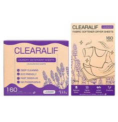 two boxes of clearall fabric dispenser sheets on a white background with lavender flowers