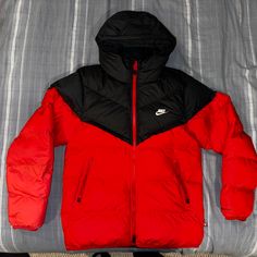 Jacket Is Brand New With Tags, Feel Free To Message Me With Any Questions Or Concerns!! Sporty Down Puffer Jacket For Streetwear, Sports Windproof Nylon Puffer Jacket, Red Nylon Track Jacket, Red Windproof Outerwear For Winter Sports, Red Nylon Sportswear Track Jacket, Sporty Windproof Puffer Jacket For Winter Sports, Red Windproof Nylon Outerwear, Red Hooded Jacket With Pockets For Cold Weather, Red Winter Outdoor Outerwear