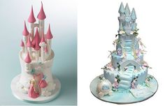 two cakes decorated to look like castles and princess's castle are shown side by side