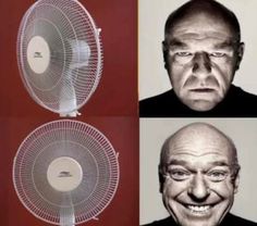 four different pictures of an old man with a fan on his head and the same one in black and white