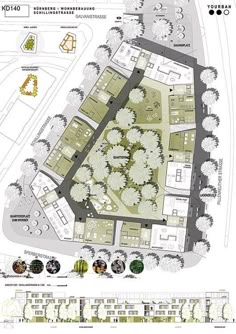 the site plan for an urban park with lots of trees and buildings on each side