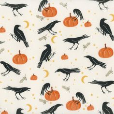 a white background with black crows and pumpkins