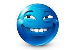 a blue smiley face with white teeth and one big smile on it's face