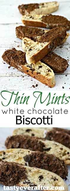 white chocolate biscotti cookies with text overlay that reads thin mints, white chocolate