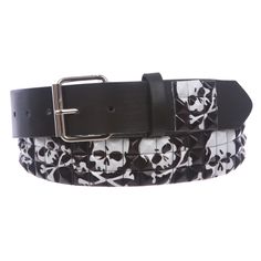 Snap on, interchangeable roller buckle Skull & Cross bone printed punk rock studs detailing Material: 50% leather, 50% synthetic leather Width: 1 1/2" (38 mm) Sizing: belt size is measured from where ends at buckle end to the center hole at tip end. Order 1" or 2" larger than pants size or where you will wear this belt for perfect fit Skull And Cross Bones, Cross Bones, Pirate Skull, Rock Outfits, Emo Outfits, Studded Belt, Grunge Style, Star Studs, Leather Shops