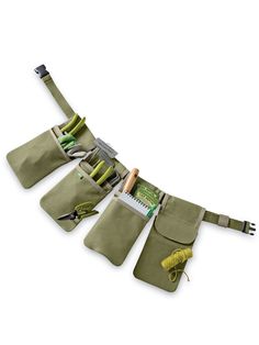 three green utility pouches with tools in them