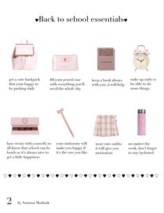 the back to school essentials list is shown in pink and white, with text that reads