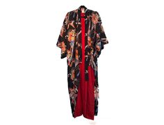 Unisex IchiBan kimono, crafted from 100% silk with a polyester lining. Featuring a striking black and red floral pattern, this kimono is a sophisticated addition to any wardrobe.  Made in Japan Size : Petite (but fits most) Traditional Black Floral Print Kimono, Traditional Black Kimono With Floral Print, Traditional Red Floral Print Kimono, Traditional Red Silk Kimono, Traditional Red Floral Kimono, Black Silk Kimono For Spring, Princeton Nj, Red Floral Pattern, Pajama Robe