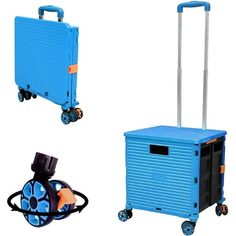 three different types of luggage on wheels and one is blue with black handles, the other has