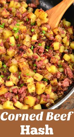 corned beef hash browns in a skillet with a wooden spoon and text overlay