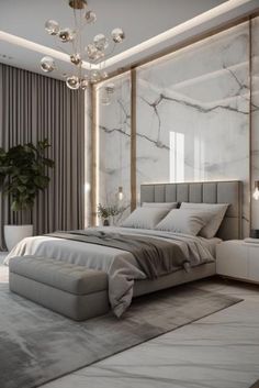 a modern bedroom with marble walls and flooring