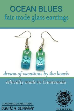 Dream of beach vacations wearing these ethically made blue glass earrings. These are lightweight and part of Dunitz & Company's fair trade jewelry collection. These are super affordable and make great gifts too. Click to check out more classic designs and colors. Summer Glass Earrings For Gift, Rectangular Summer Earrings As Gift, Handmade Rectangular Glass Jewelry, Unique Rectangular Glass Jewelry, Fused Glass Earrings, Fair Trade Jewelry, Rectangle Earrings, Fused Glass Jewelry, Beach Vacations