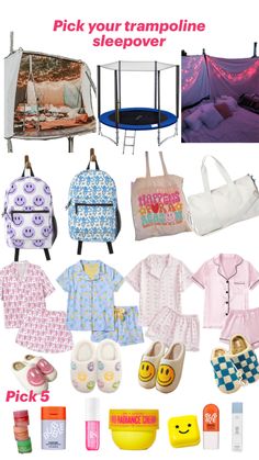 there are many items that can be seen in this ad for the sleepover bag