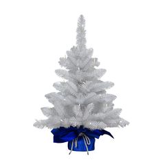 a white christmas tree in a blue bow