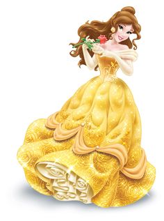 a princess figurine with long hair and flowers in her hand, wearing a yellow dress