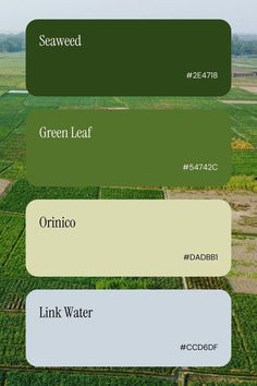 an aerial view of green leaf crops in the country side, with text below it