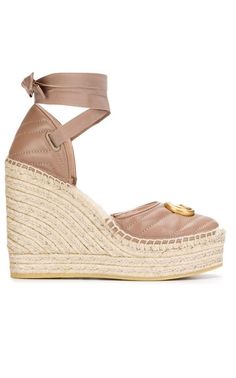 The Gucci collection is the pinnacle of Italian craftsmanship and attention to detail as seen in these dusty pink Leather platform espadrilles. Featuring an almond toe, a branded insole, a high wedge heel, a grosgrain lace-up closure and a gold-tone double G logo on the front.Lining: Leather 100%Heel: Jute 100%Sole: Rubber 100%Outer: Leather 100%Made in Italy Espadrille High Heels With Wrapped Heel, Chic High Heel Espadrilles With Woven Sole, Chic Gucci Platform Wedge Sandals, Gucci Leather Wedge Sandals For Summer, Gucci Wedge Sandals With Platform Heel, Beige Espadrilles With Wrapped Wedge Heel, Chic Gucci Summer Wedge Sandals, Gucci Summer Wedge Sandals, Beige Wedge Espadrilles With Wrapped Heel