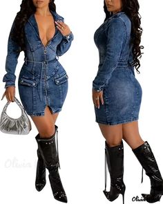 Olivia Mark - Denim dress with long sleeves and zipper Stephanie Acevedo, Denim Dress Fall, Belt Jeans, Slimmer Belt, Mid Skirt, Dress With Stockings, Womens Denim Dress, Dress With Long Sleeves, Elegant Party