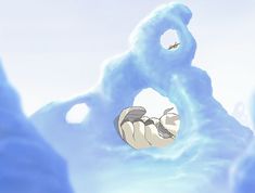 a cartoon character flying through the air with an iceberg in the back ground behind him