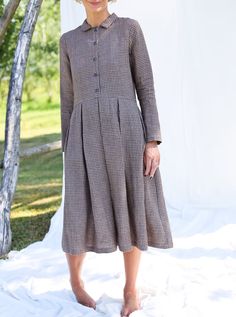 Gingham Linen Long Sleeve Loose Fit Dress OFFON CLOTHING - Etsy Fall Daywear Dress With Unlined Sleeves, Fall Tunic Dresses For Work, Beige Long Sleeve Dress With Button Cuffs, Long Sleeve Linen Dress With Buttons For Work, Fall Long Sleeve Dress With Button Cuffs, Long Sleeve Dresses With French Seams For Work, Brown Linen Long Sleeve Dress, Beige Linen Dress With Relaxed Fit For Fall, Long Sleeve Linen Dress With Button Cuffs