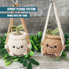 two crocheted hanging planters with plants in them and the words sprout plushe pattern works with any yarn