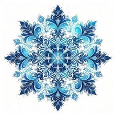 a blue and white snowflake is shown on a white background with an intricate design