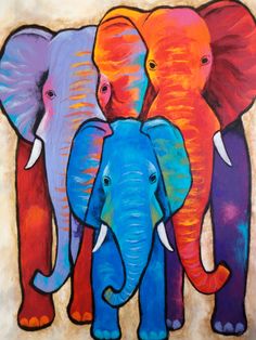 three elephants are painted in bright colors