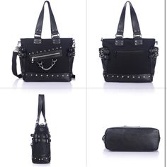 Brand New Gothic Tote Black Satchel With Hardware Details, Black Shoulder Satchel With Hardware, Black Hobo Bag With Metal Hardware For Everyday Use, Daily Use Satchel With Hardware As Shoulder Bag, Daily Use Satchel With Shoulder Bag Shape And Hardware, Tote Bag With Metal Hardware For Everyday Use, Black Shoulder Bag With Hardware For Daily Use, Daily Use Satchel Shoulder Bag With Hardware, Black Shoulder Bag With Metal Hardware