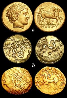 four gold coins with different designs on them