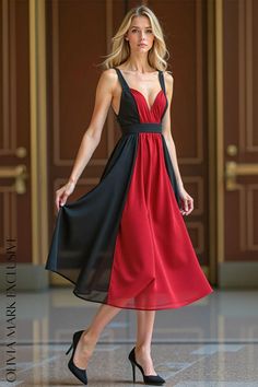 Olivia Mark - Elegant Contrast Midi Dress - Sophisticated Black and Vibrant Red Black Dress Elegant, Sophisticated Dress, Flowing Skirt, Cinched Waist, Olivia Mark, Plunging Neckline, Vibrant Red, Mid Calf, A Romantic