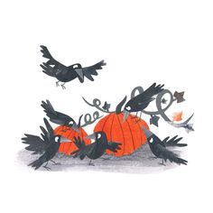 two black birds sitting on top of a pile of pumpkins with bats flying around them