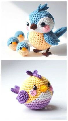 crocheted birds sitting on top of each other in different colors and sizes,