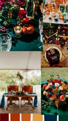 a collage of different color schemes with flowers and candles on the table in front of them