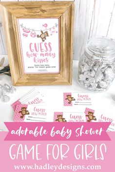 a baby shower game for girls with pink and brown teddy bears on the table next to it