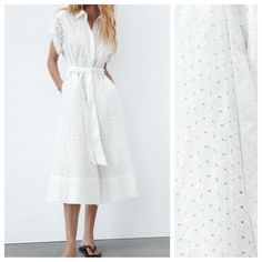 Nwt. Zara White Embroidered Eyelet Belted Midi Dress Made Of 100% Cotton. Lapel Collar And Short Sleeves With Buttoned Cuffs. Tied Self Belt. Front Button Closure. Side Pockets. Size Xxl. Ref.7761/052. Pit To Pit 23" Flat, Shoulders 20", Sleeves 2,5", Waist 21", Length 51". 1029. Midi Dress With Cutwork Hem And Short Sleeves, Elegant Knee-length Eyelet Dress, Elegant Eyelet Dress For Summer, Elegant Summer Eyelet Dress, Elegant Midi Dress With Eyelet Details, Elegant Midi Length Eyelet Dress, Spring Midi Dress With Cutwork Hem And Short Sleeves, White Midi Dress With Cutwork Hem, Chic White Embroidered Spring Dress