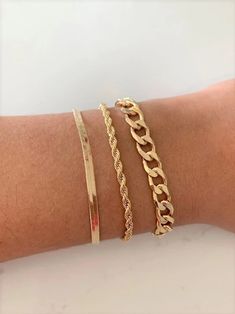 Bracelet Trio, Statement Bracelets, Gold Bracelets Stacked, Bracelet Rope, Herringbone Bracelet, Cuban Bracelet, Gold Bracelet Set, Wrist Jewelry, Jewelry Accessories Ideas