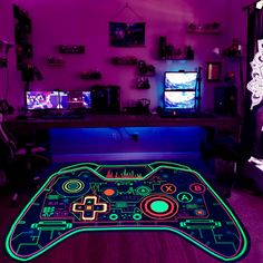 a glowing video game controller rug in a living room