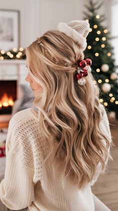 Go all out with glamorous Christmas hairstyles. From voluminous curls to glitter accents, these looks will have you feeling fabulous during the holidays. Christmas Eve Hairstyles, Christmas Party Hairstyles, Glamorous Christmas, Christmas Hairstyles, Voluminous Curls, Festive Look, Holiday Hairstyles, Christmas Hair, Elegant Updo