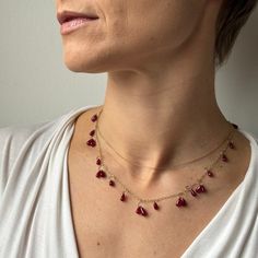 A fountain of wine-red ruby drops flows across Heather Guidero's delicate circle design in this sweet stunner. 18k yellow gold Ruby drops range in size from 3mm x 6mm (1/8" x 1/4") to 4mm x 9mm (3/16" x 3/8")Necklace is 16" long Newport Ri, Dope Jewelry, Colored Gems, Red Ruby, Circle Design, Jewelry Companies, Ruby Ring, Wine Red, Bracelet Gift